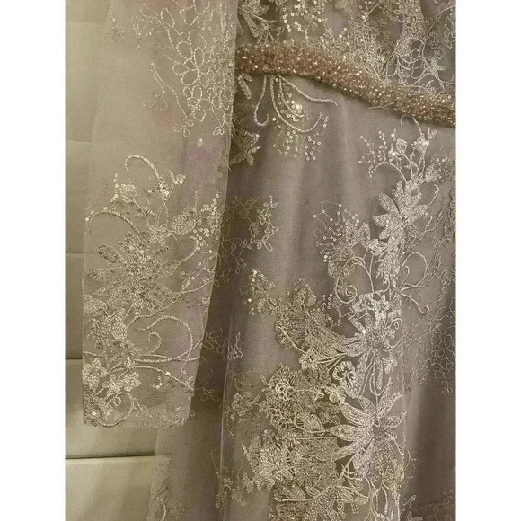 Mac Duggal Midi Dress 10 Beaded Crew Neck Illusion Long Sleeve Pink Rose $598 - Picture 9 of 16